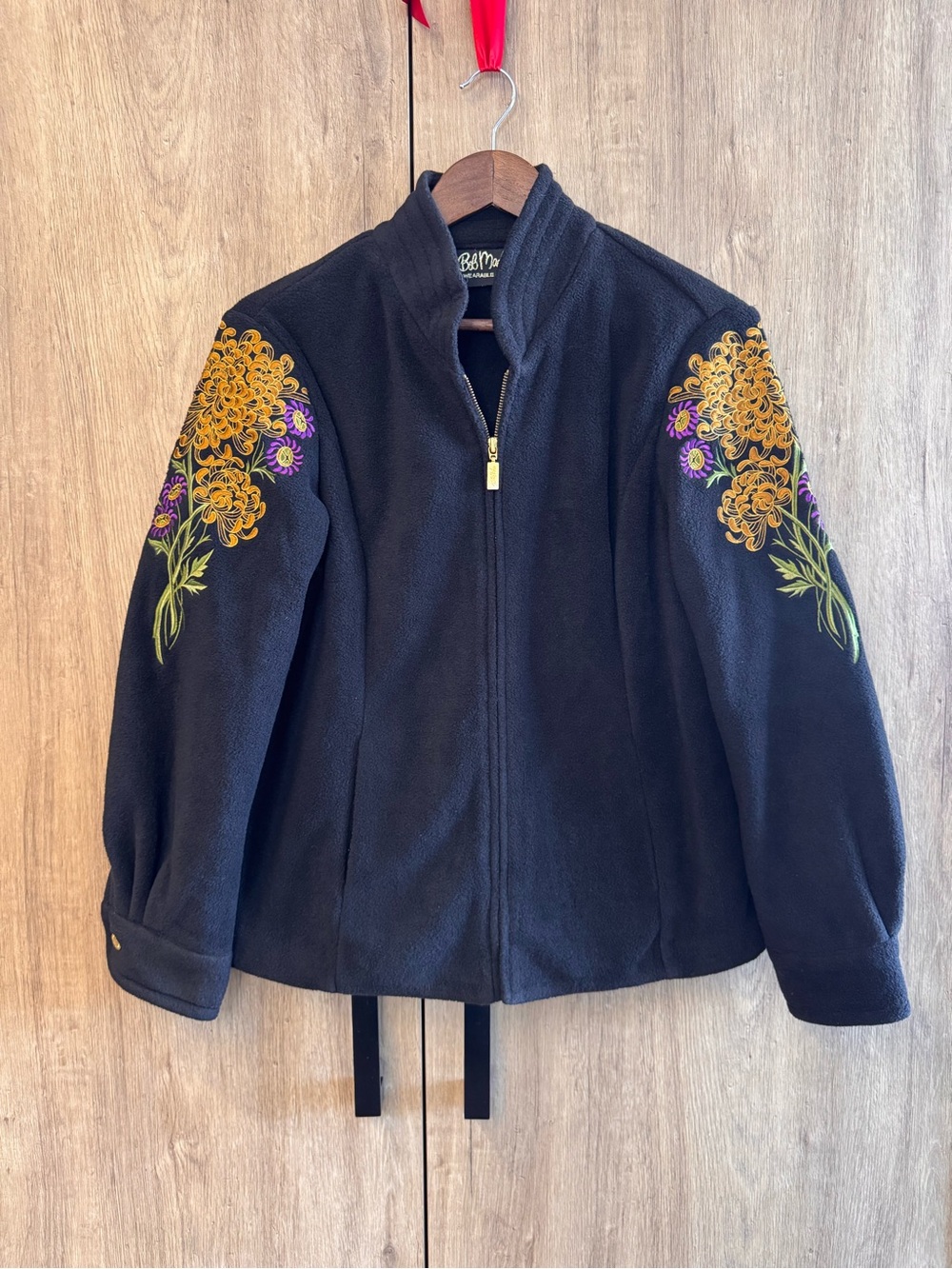 Bob Mackie Women Black Fleece Bomber Jacket Gold Purple Floral Embroidery S